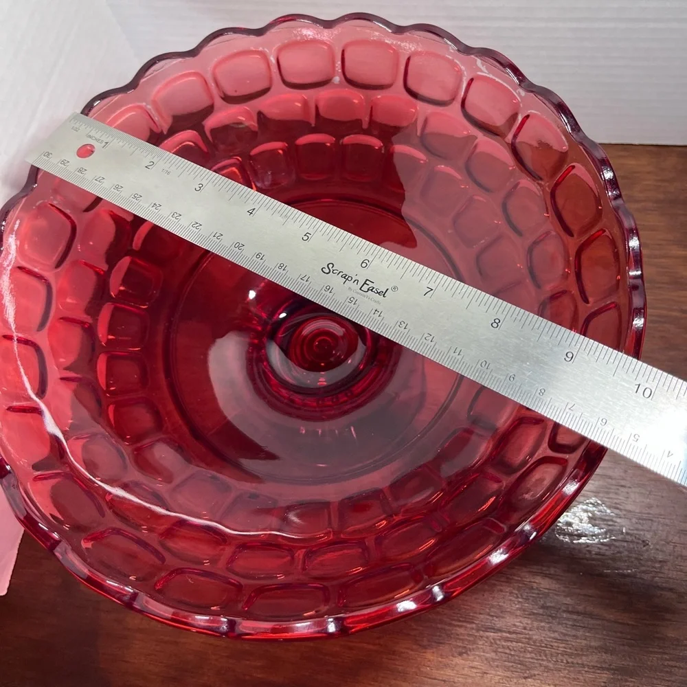Vintage Federal Glass Yorktown Colonial Ruby Red Thumbprint Footed Bowl 10”